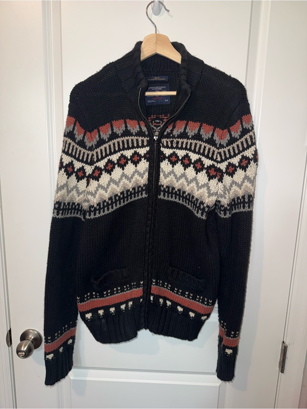 Men's Black Zip-Front Fair Isle Sweater with Rust and Cream Accents
